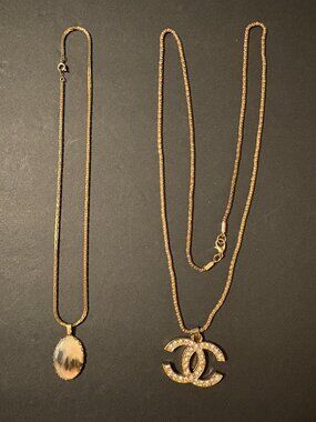 Lot of 2 Necklaces: Moss Agate Oval Stone pendant and Golden Tone w/Rhinestone